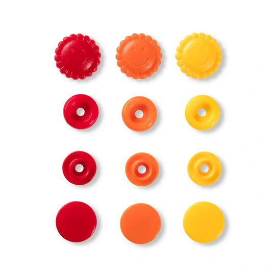 Colour snap fastener, Prym Love, flower, 13.6mm, yellow/red/orange